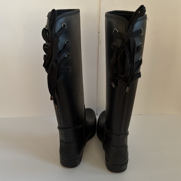 Coach Tristee Tall Black Rubber Matte Lace Up Slip on Rain Boots Size 8 - Picture 10 of 14